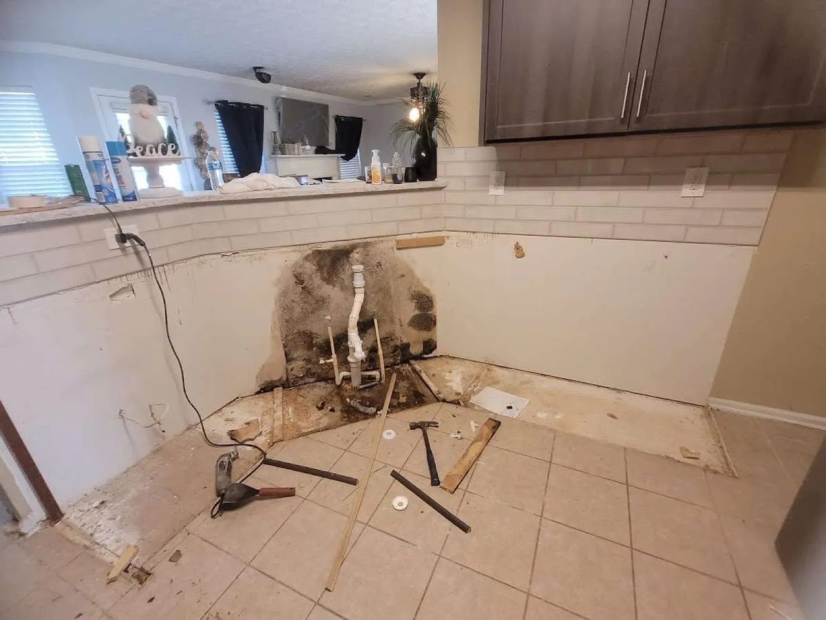 Mold behind wall with plumbing during Flood Damage Cleanup in Libertyville